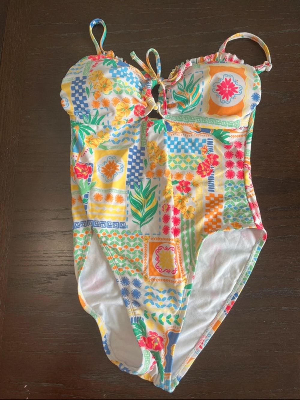 Time and Tru Girls' One-Piece Swimsuit in Yellow, Blue, Green & Pink Patchwork